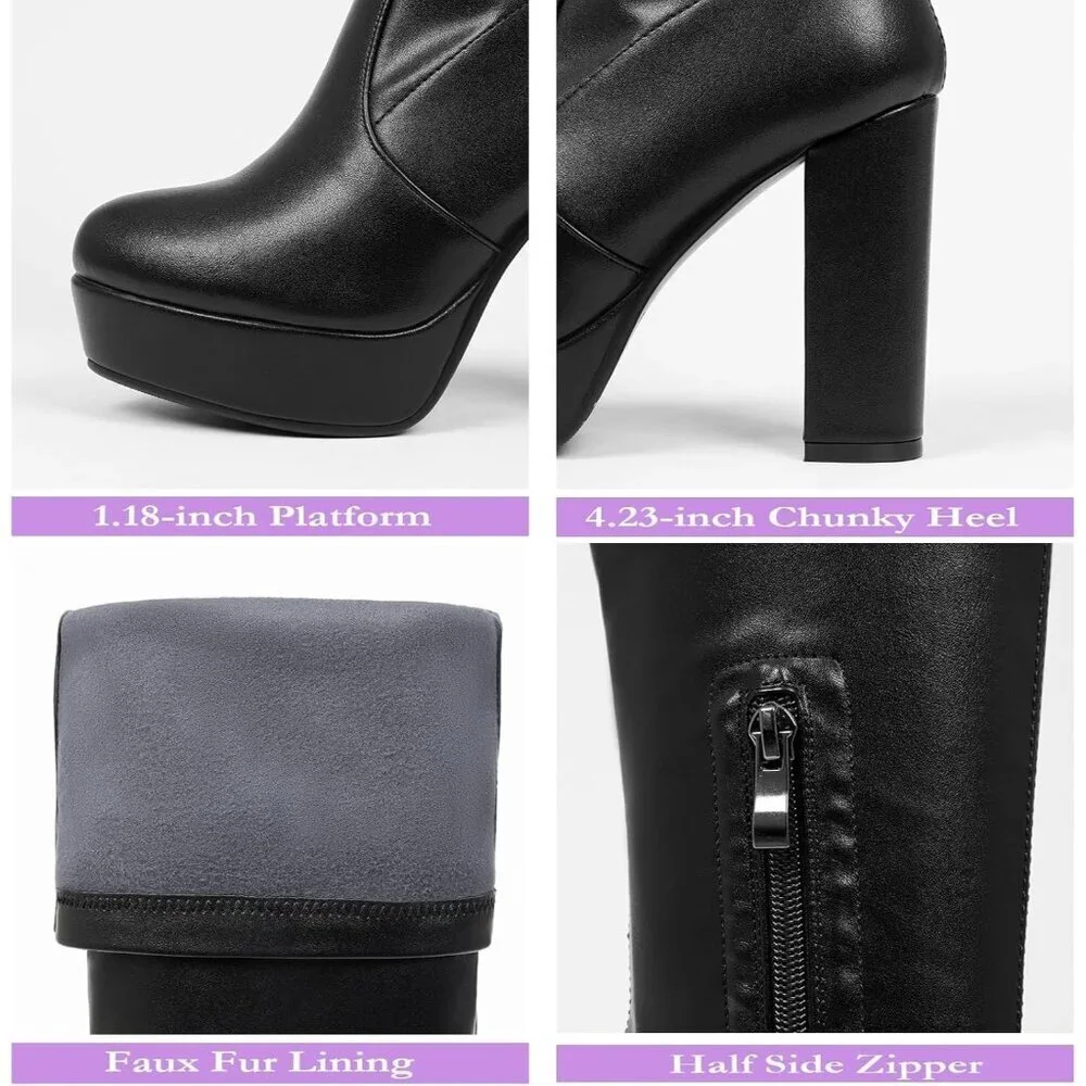 Women Black-pj-pu Synthetic Chunky Heel Side Zipper Thigh High Western Boots